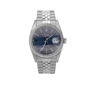 Rolex Datejust 16220 Engine-Turned Bezel Watch 36mm Blue Index Dial