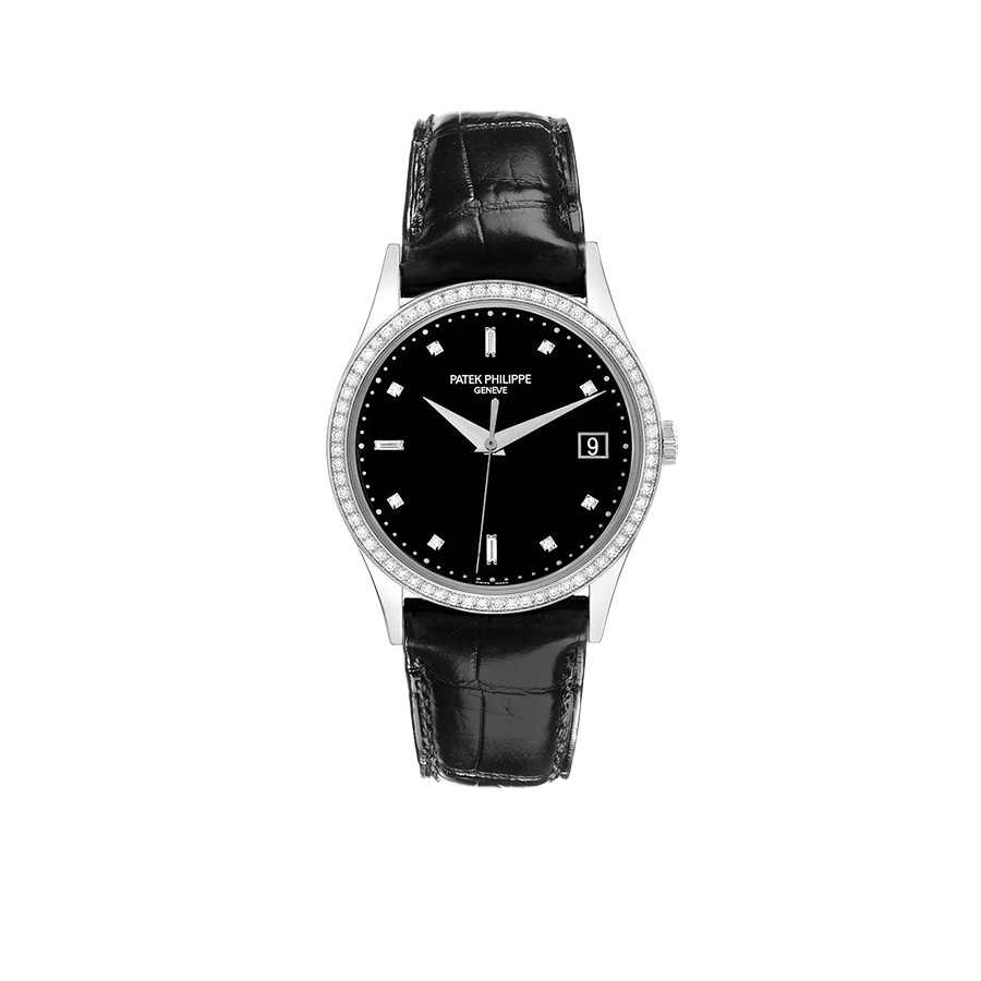 Patek Philippe Calatrava White Gold Black Dial Diamond Mens Watch 5297G-001